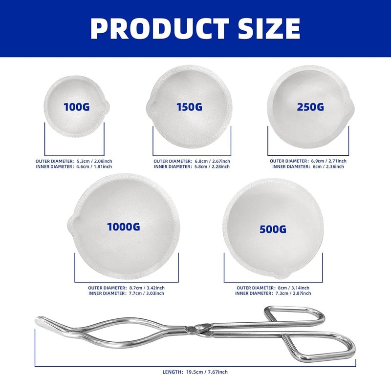DEELEDM 6 Pack Ceramic Crucible Bowl with 7.87" Crucible Tong, 1000g/500g/250g/150g/100g Quartz Ceramic Crucible Melting Dishes Pot for Casting Refining Torch Melt Jewelry Gold Silver Brass Alloy - Image 3